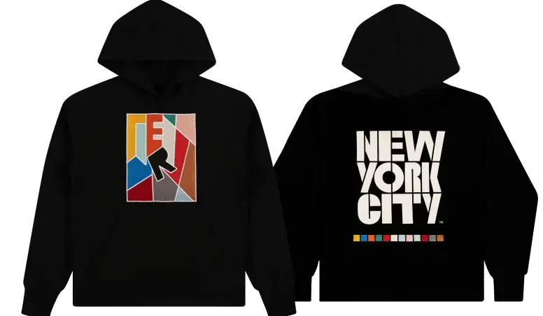 Front and back views of a hooded sweatshirt from the TIER x NYC Tourism capsule collection.