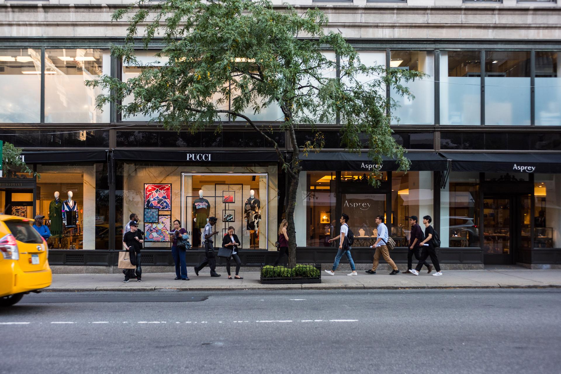 People shopping at Madison Avenue, Emilio Pucci shop on the background 